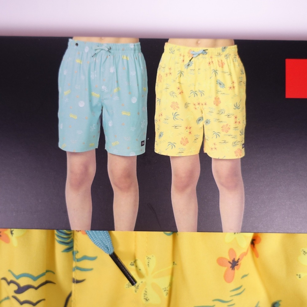 RVCA 2 Pack Swim Trunks Boys Medium 10/12 Yellow Blue Floral Stretch UPF 50+